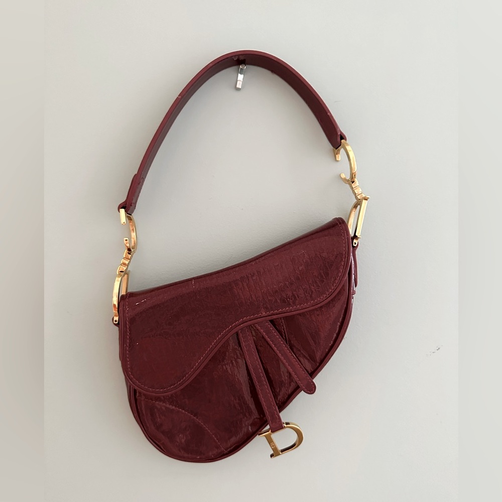 Christian Dior Patent Saddle Bag Dark Red
